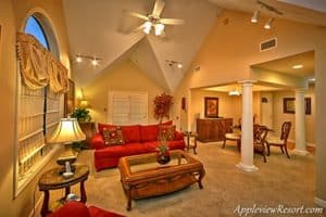 A beautiful living room in a vacation rental at Appleview River Resort in the Smoky Mountains.