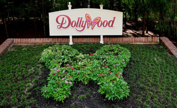 A beautiful floral display in front of the Dollywood sign.