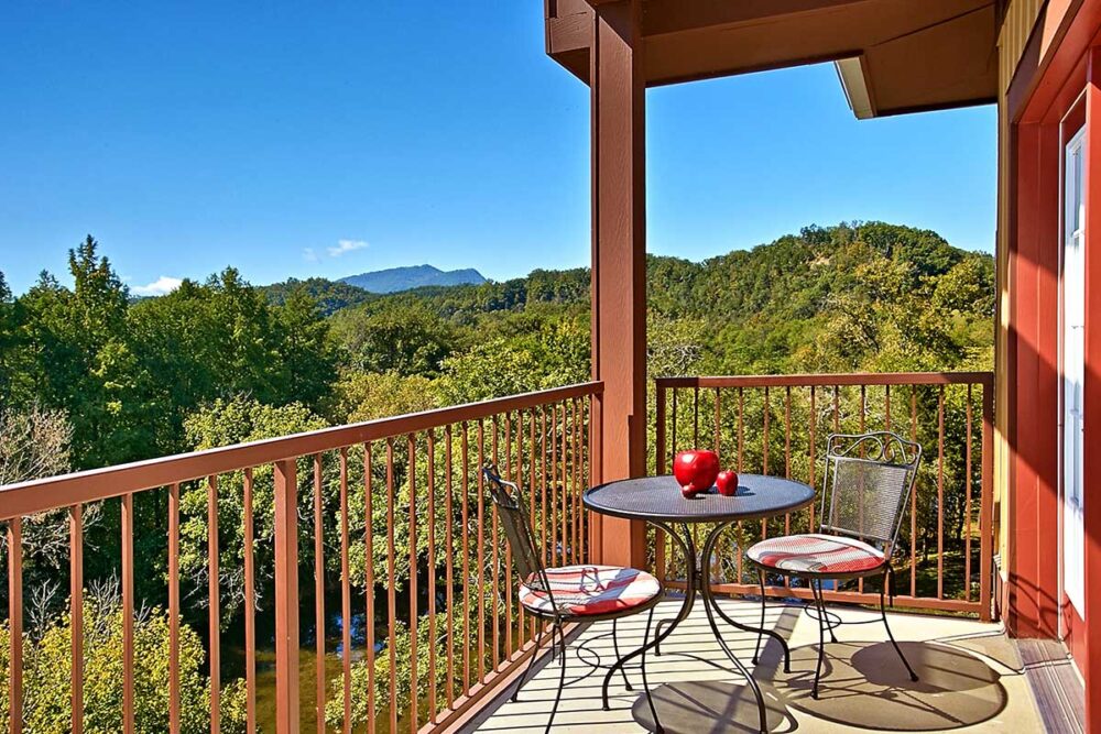 balcony overlooking river and mountain views at Appleview River Resort